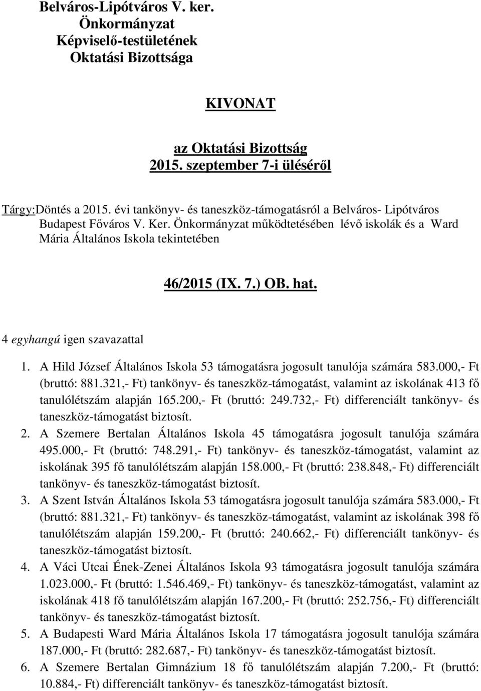 321,- Ft) tankönyv- és taneszköz-támogatást, valamint az iskolának 413 fő tanulólétszám alapján 165.200,- Ft (bruttó: 24