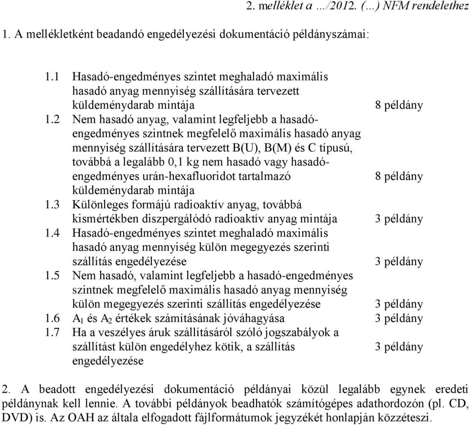 2 Nem hasadó anyag, valamint legfeljebb a hasadóengedményes szintnek megfelelő maximális hasadó anyag mennyiség szállítására tervezett B(U), B(M) és C típusú, továbbá a legalább 0,1 kg nem hasadó