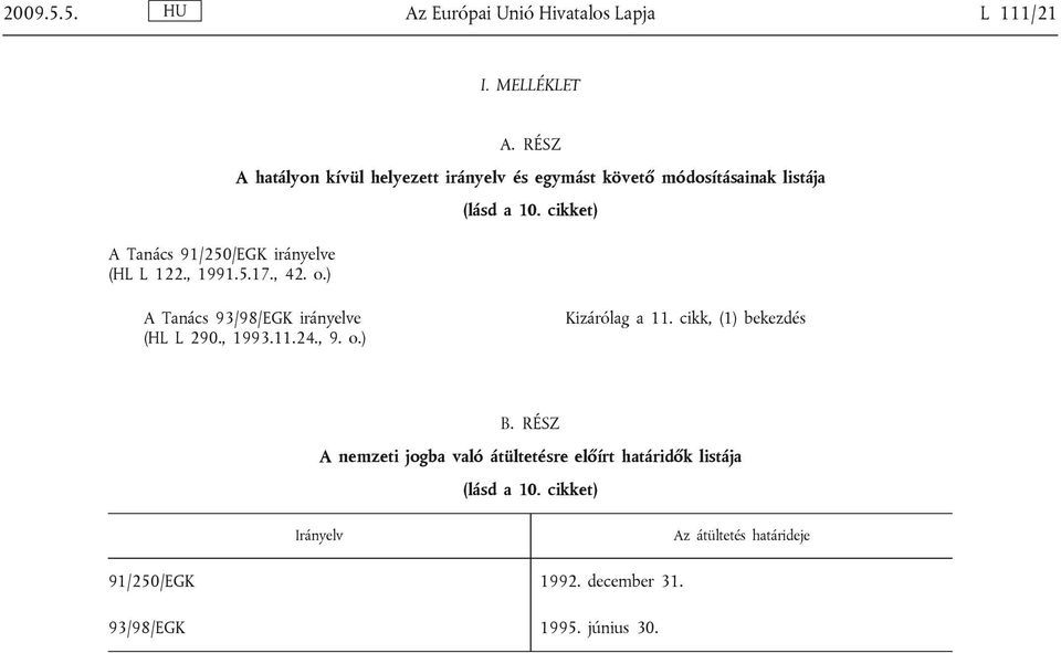 cikket) A Tanács 93/98/EGK irányelve (HL L 290., 1993.11.24., 9. o.) Kizárólag a 11. cikk, (1) bekezdés B.