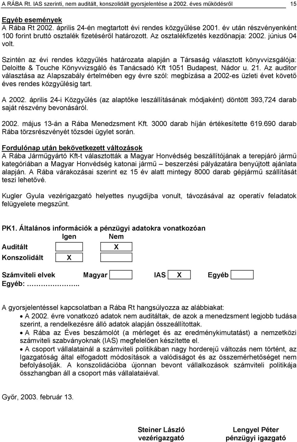 Szintén az évi rendes közgyűlés határozata alapján a Társaság választott könyvvizsgálója: Deloitte & Touche Könyvvizsgáló és Tanácsadó Kft 1051 Budapest, Nádor u. 21.