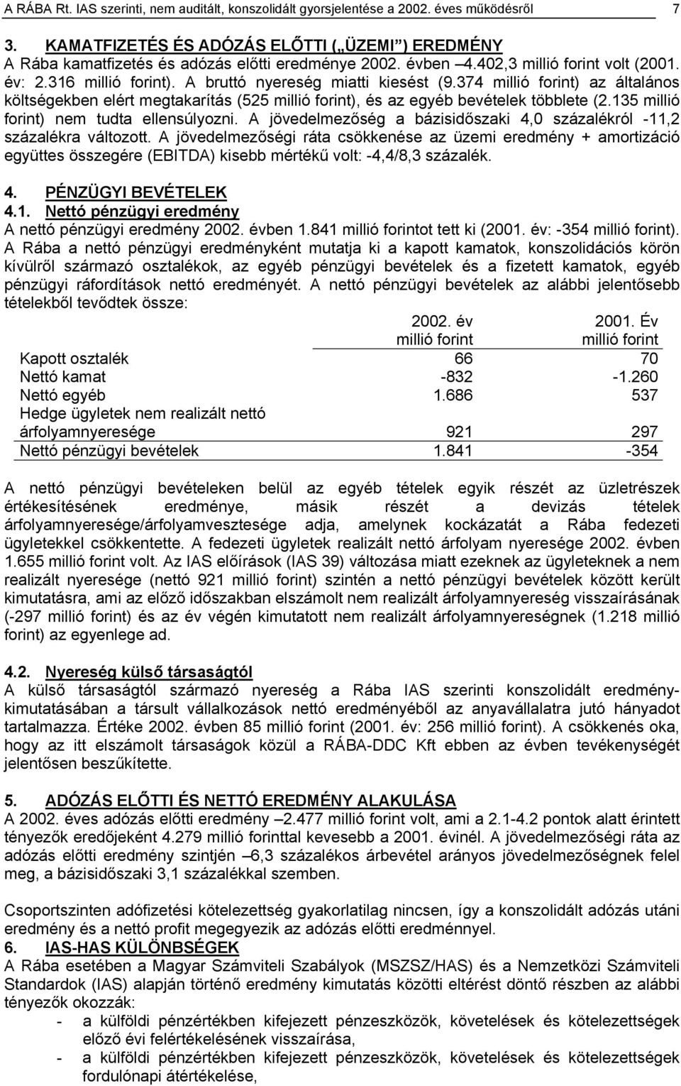 374 millió forint) az általános költségekben elért megtakarítás (525 millió forint), és az egyéb bevételek többlete (2.135 millió forint) nem tudta ellensúlyozni.
