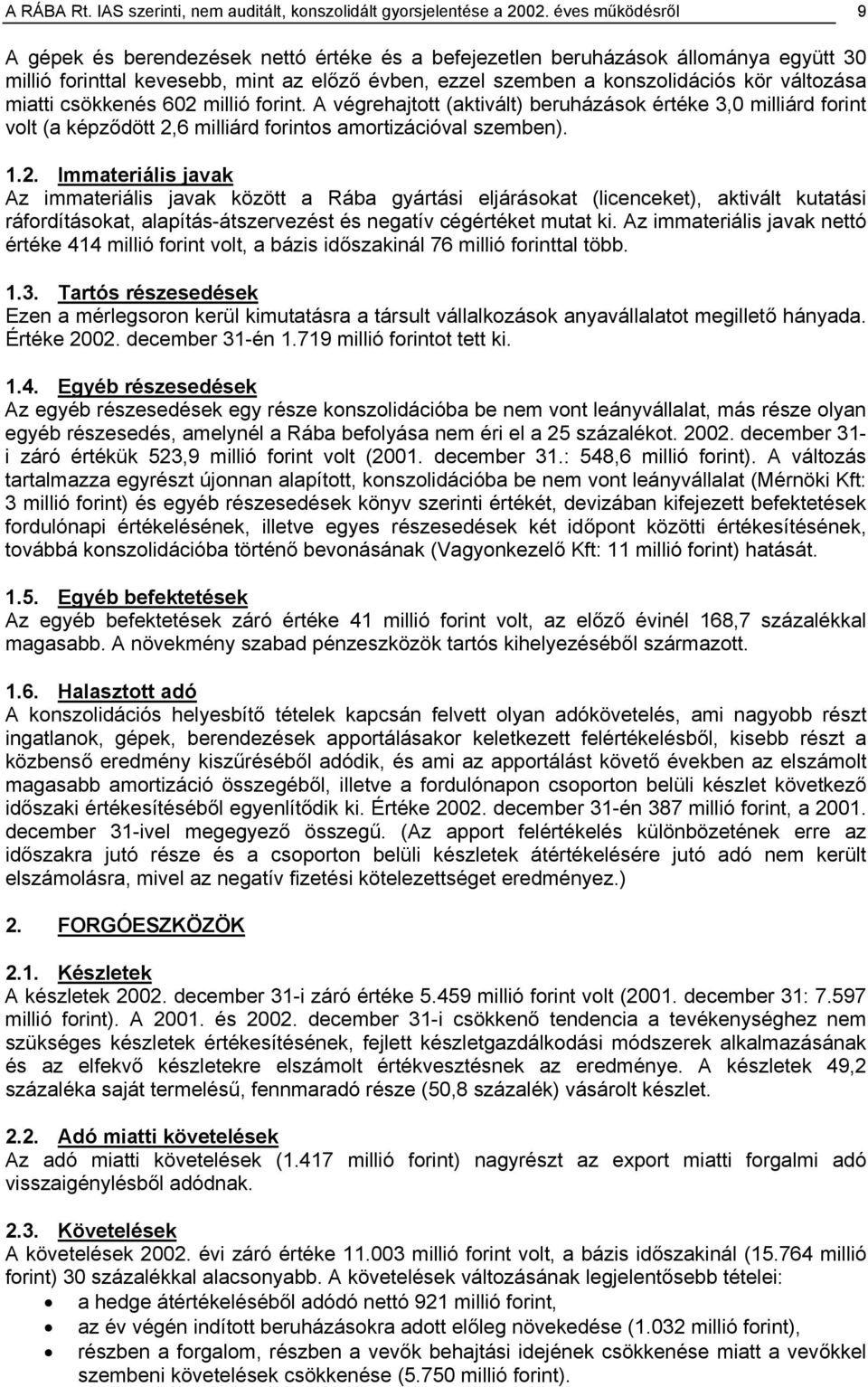 miatti csökkenés 602 millió forint. A végrehajtott (aktivált) beruházások értéke 3,0 milliárd forint volt (a képződött 2,6 milliárd forintos amortizációval szemben). 1.2. Immateriális javak Az immateriális javak között a Rába gyártási eljárásokat (licenceket), aktivált kutatási ráfordításokat, alapítás-átszervezést és negatív cégértéket mutat ki.