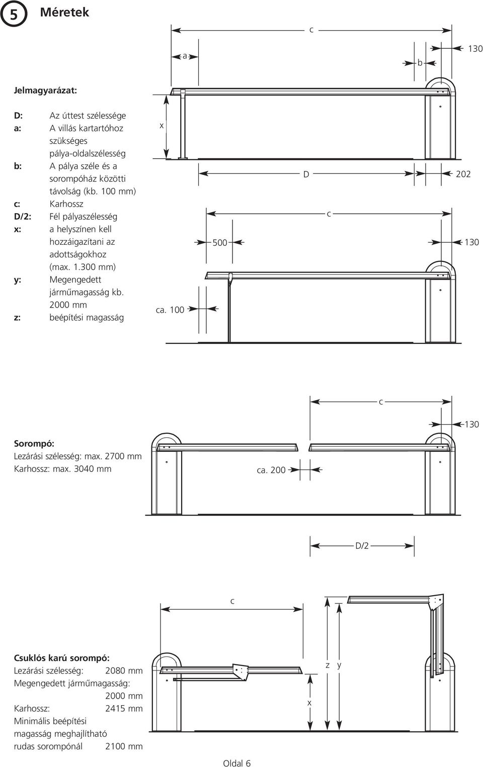 2000 mm z: beépítési maassá x ca. 100 500 D c 202 130 c 130 Sorompó: Lezárási szélessé: max. 2700 mm Karossz: max. 3040 mm ca.