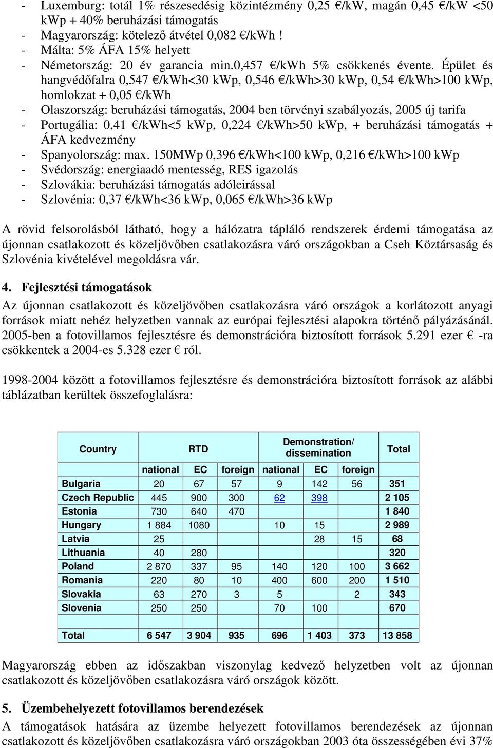 Épület és hangvédőfalra 0,547 /kwh<30 kwp, 0,546 /kwh>30 kwp, 0,54 /kwh>100 kwp, homlokzat + 0,05 /kwh - Olaszország: beruházási támogatás, 2004 ben törvényi szabályozás, 2005 új tarifa - Portugália: