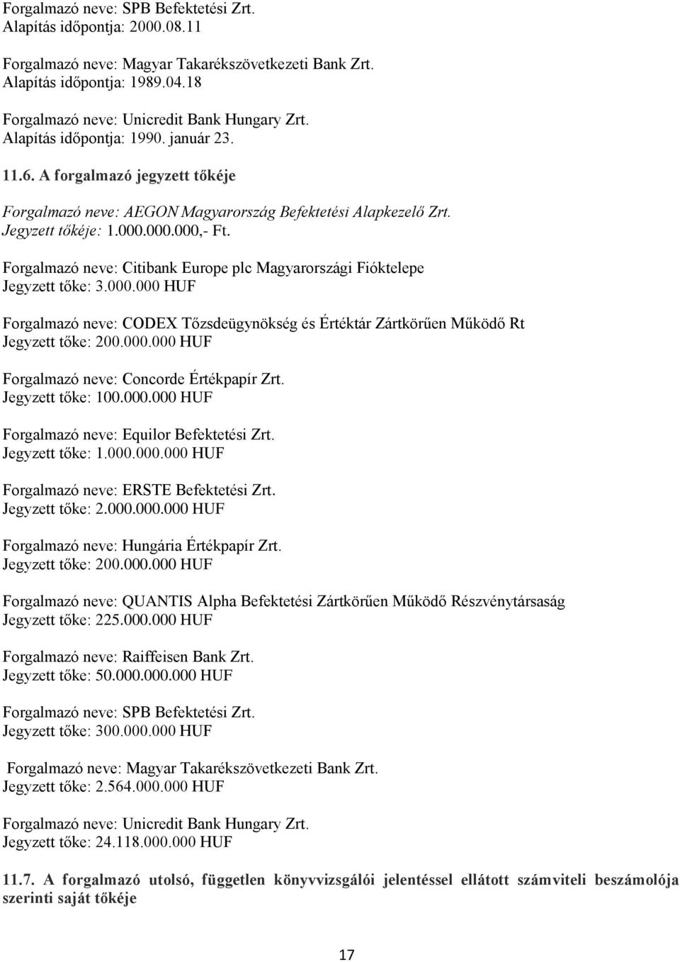 Forgalmazó neve: Citibank Europe plc Magyarországi Fióktelepe Jegyzett tőke: 3.000.000 HUF Forgalmazó neve: CODEX Tőzsdeügynökség és Értéktár Zártkörűen Működő Rt Jegyzett tőke: 200.000.000 HUF Forgalmazó neve: Concorde Értékpapír Zrt.