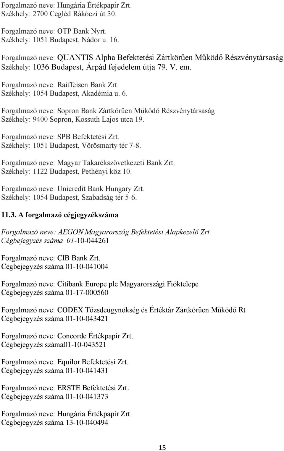 Székhely: 1054 Budapest, Akadémia u. 6. Forgalmazó neve: Sopron Bank Zártkörűen Működő Részvénytársaság Székhely: 9400 Sopron, Kossuth Lajos utca 19. Forgalmazó neve: SPB Befektetési Zrt.