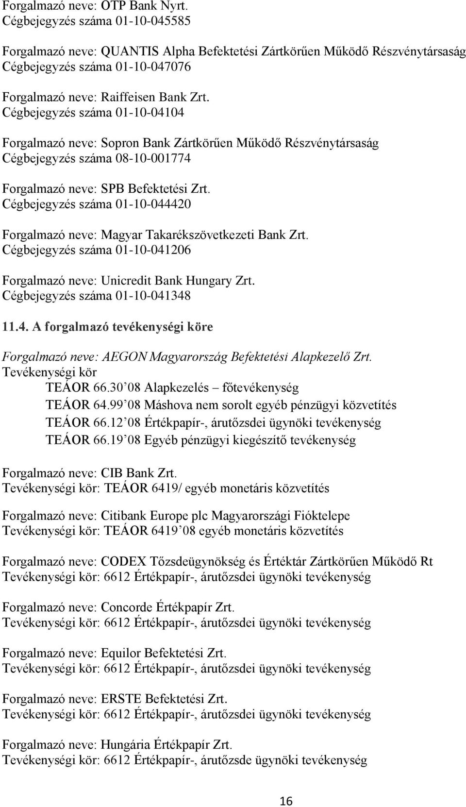 Cégbejegyzés száma 01-10-04104 Forgalmazó neve: Sopron Bank Zártkörűen Működő Részvénytársaság Cégbejegyzés száma 08-10-001774 Forgalmazó neve: SPB Befektetési Zrt.