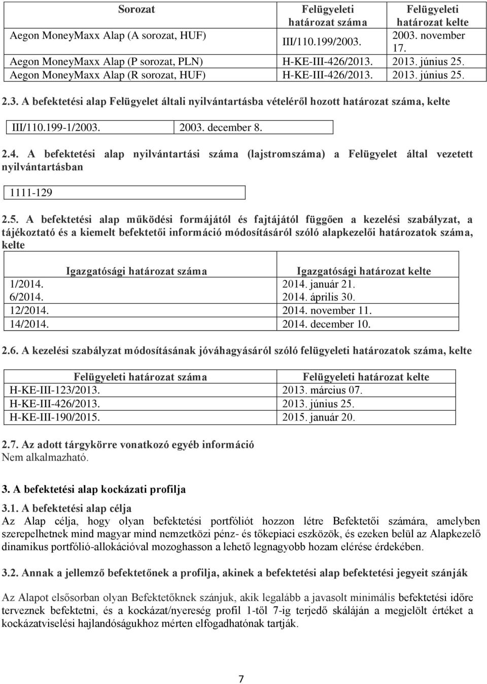 199-1/2003. 2003. december 8. 2.4. A befektetési alap nyilvántartási száma (lajstromszáma) a Felügyelet által vezetett nyilvántartásban 1111-129 2.5.