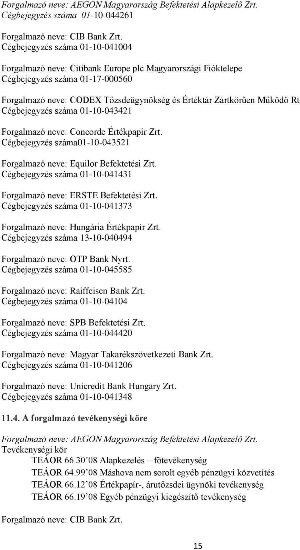 Cégbejegyzés száma 01-10-043421 Forgalmazó neve: Concorde Értékpapír Zrt. Cégbejegyzés száma01-10-043521 Forgalmazó neve: Equilor Befektetési Zrt.