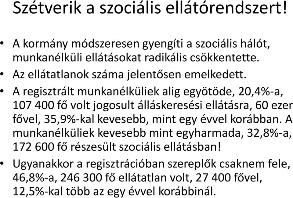 A regisztrált munkanélküliek alig egyötöde, 20,4%-a, 107 400 fő volt jogosult álláskeresési ellátásra, 60 ezer fővel, 35,9%-kal kevesebb, mint