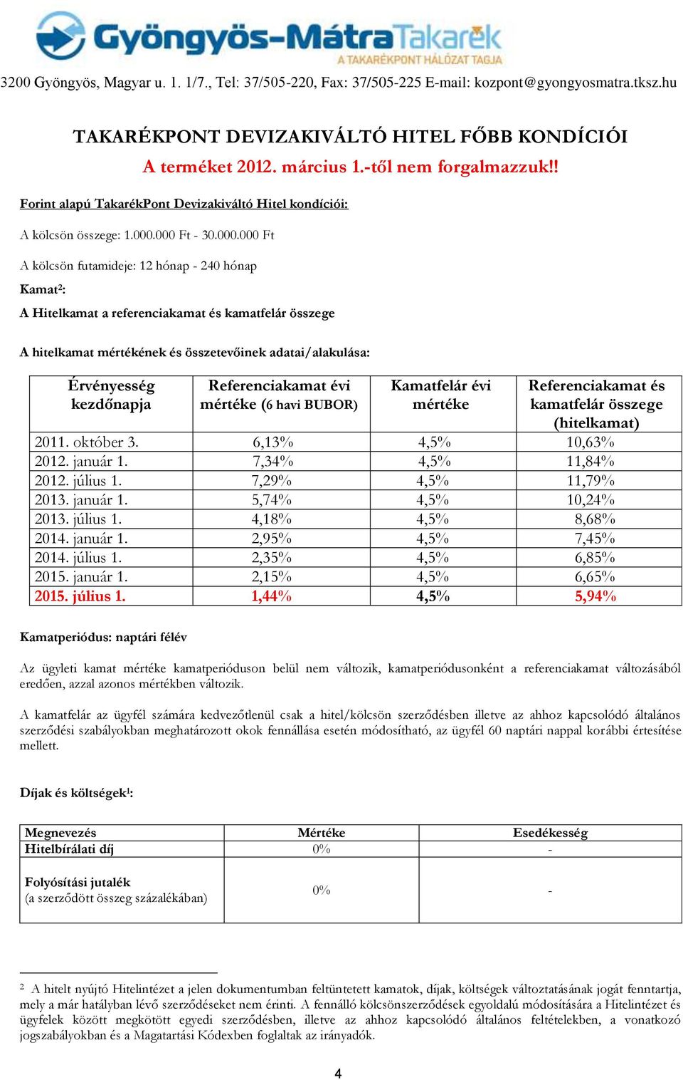 kezdőnapja Referenciakamat évi mértéke (6 havi BUBOR) Kamatfelár évi mértéke Referenciakamat és kamatfelár összege (hitelkamat) 2011. október 3. 6,13% 4,5% 10,63% 2012. január 1.