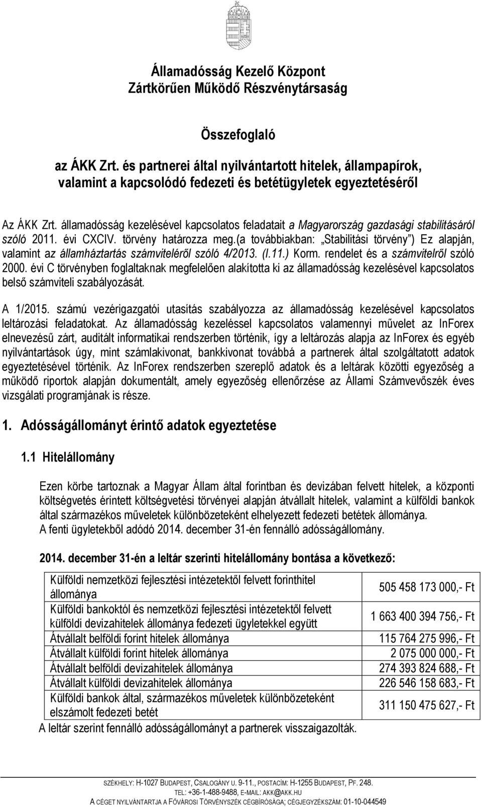 államadósság kezelésével kapcsolatos feladatait a Magyarország gazdasági stabilitásáról szóló 2011. évi CXCIV. törvény határozza meg.