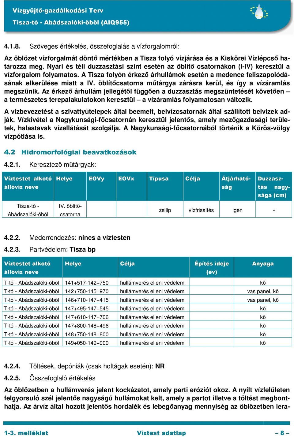 öblítőcsatorna műtárgya zárásra kerül, és így a vízáramlás megszűnik.