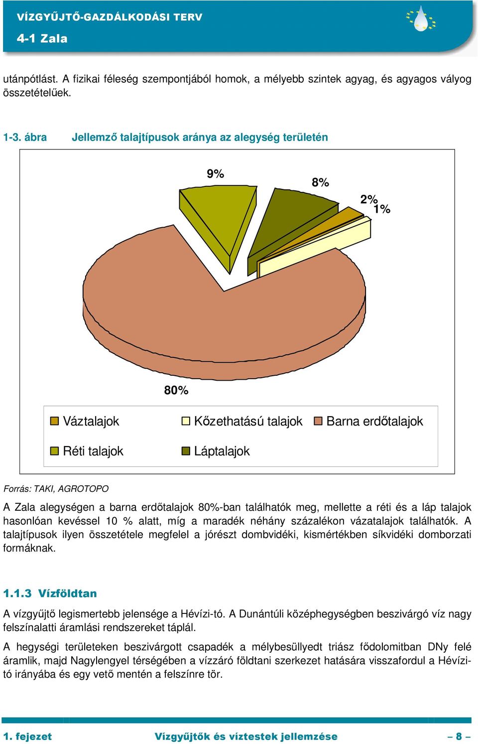 erdıtalajok 80%-ban találhatók meg, mellette a réti és a láp talajok hasonlóan kevéssel 10 % alatt, míg a maradék néhány százalékon vázatalajok találhatók.