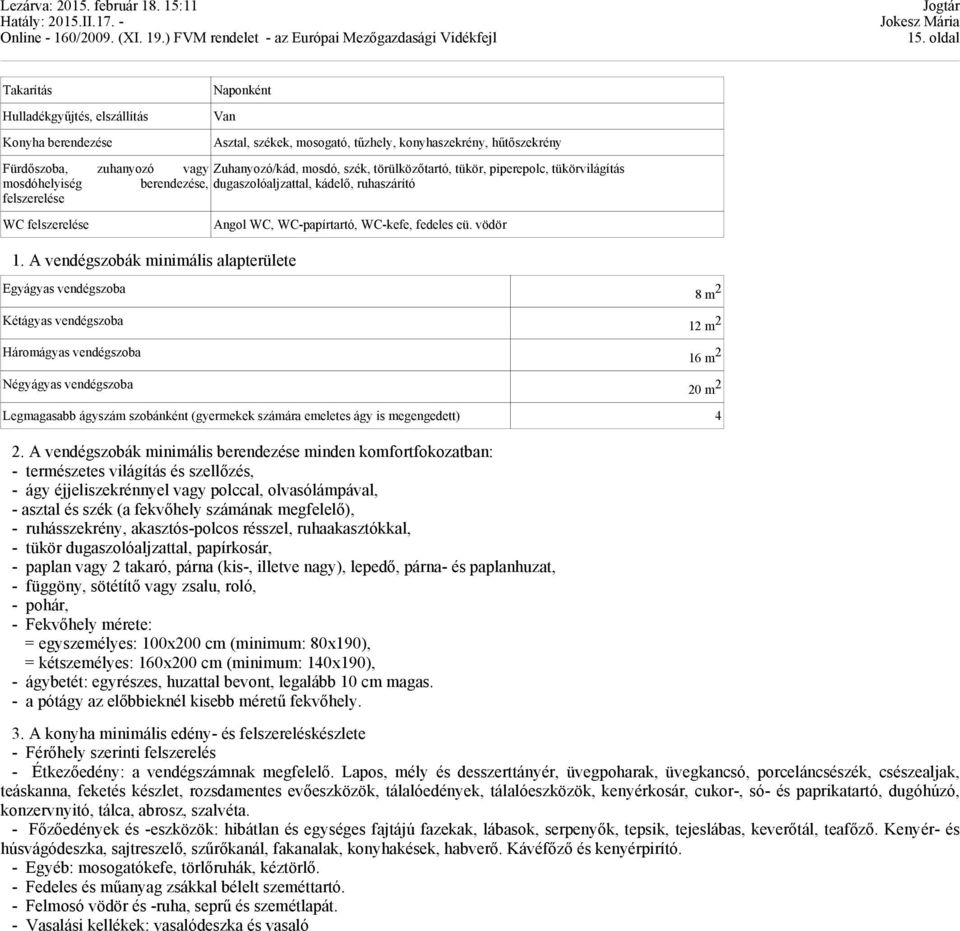 A vendégszobák minimális alapterülete Egyágyas vendégszoba Kétágyas vendégszoba Háromágyas vendégszoba Négyágyas vendégszoba Angol WC, WC-papírtartó, WC-kefe, fedeles eü.