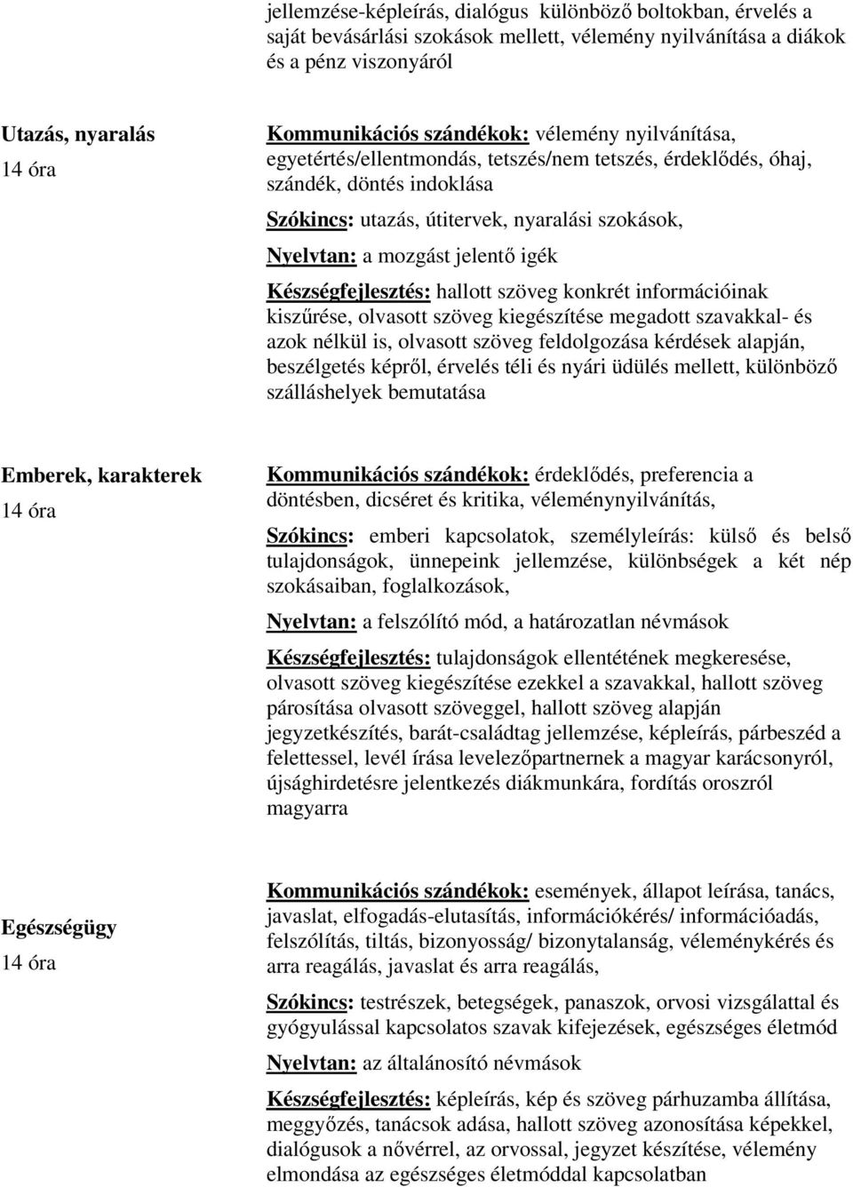 Készségfejlesztés: hallott szöveg konkrét információinak kiszűrése, olvasott szöveg kiegészítése megadott szavakkal- és azok nélkül is, olvasott szöveg feldolgozása kérdések alapján, beszélgetés