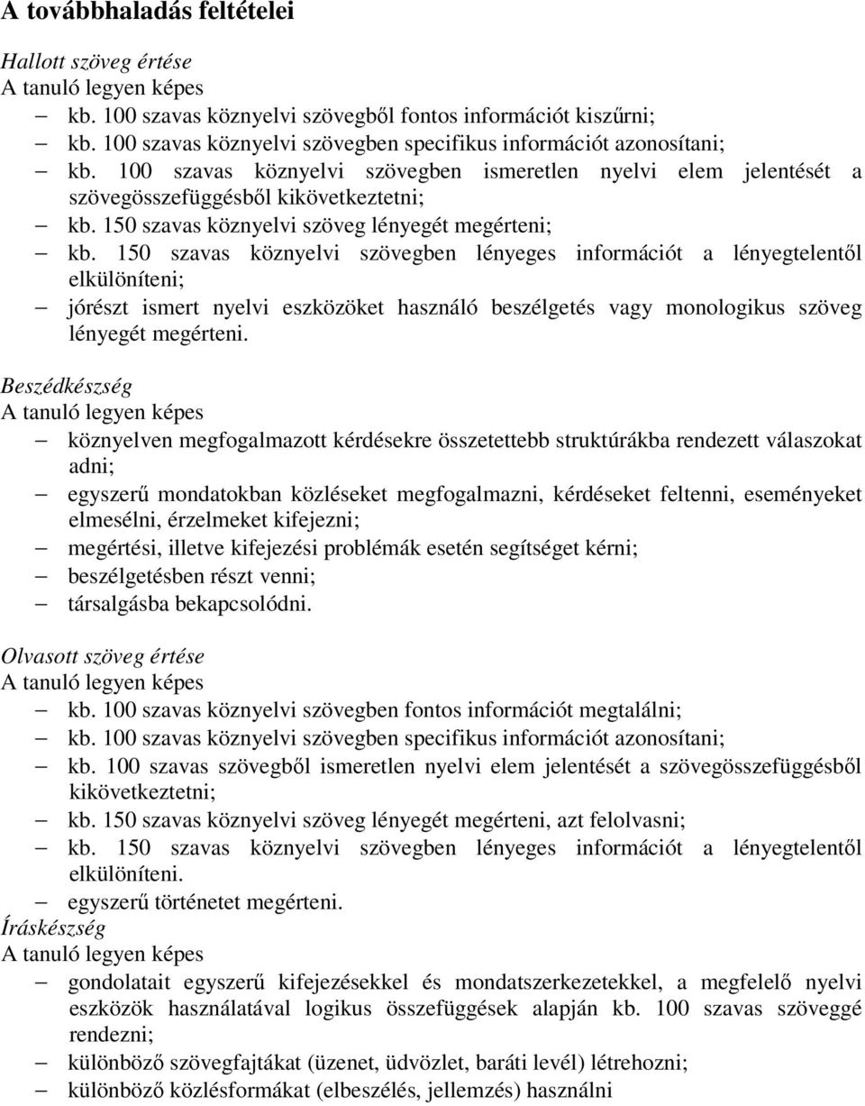 150 szavas köznyelvi szövegben lényeges információt a lényegtelentől elkülöníteni; jórészt ismert nyelvi eszközöket használó beszélgetés vagy monologikus szöveg lényegét megérteni.