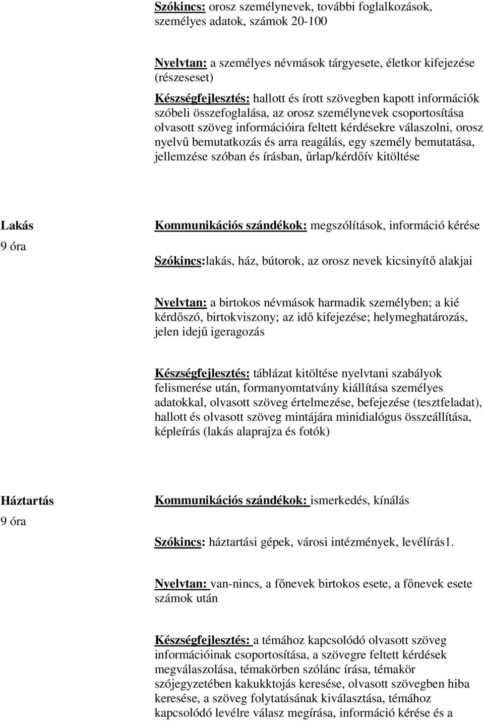 személy bemutatása, jellemzése szóban és írásban, űrlap/kérdőív kitöltése Lakás 9 óra Kommunikációs szándékok: megszólítások, információ kérése Szókincs:lakás, ház, bútorok, az orosz nevek kicsinyítő