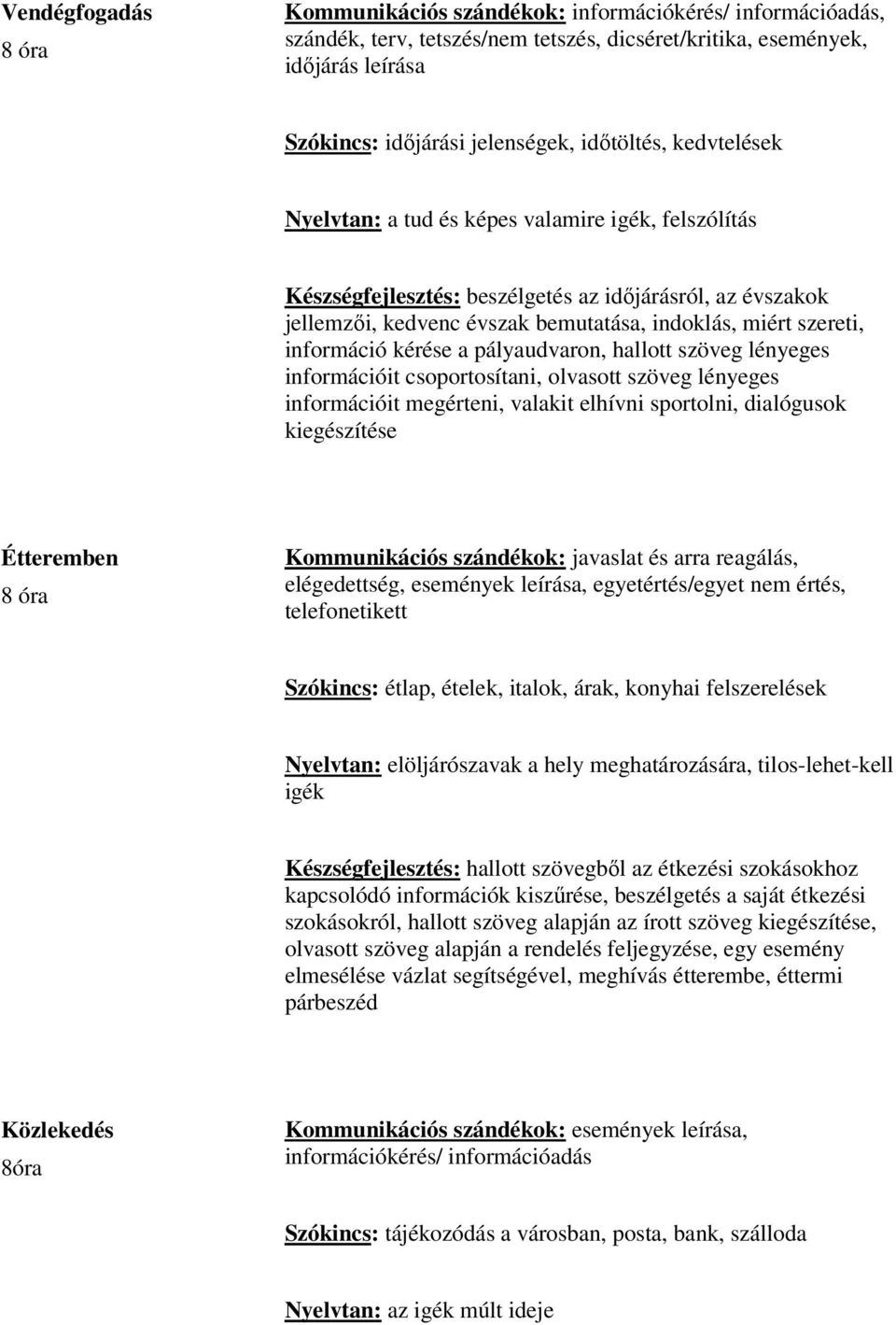 információ kérése a pályaudvaron, hallott szöveg lényeges információit csoportosítani, olvasott szöveg lényeges információit megérteni, valakit elhívni sportolni, dialógusok kiegészítése Étteremben 8