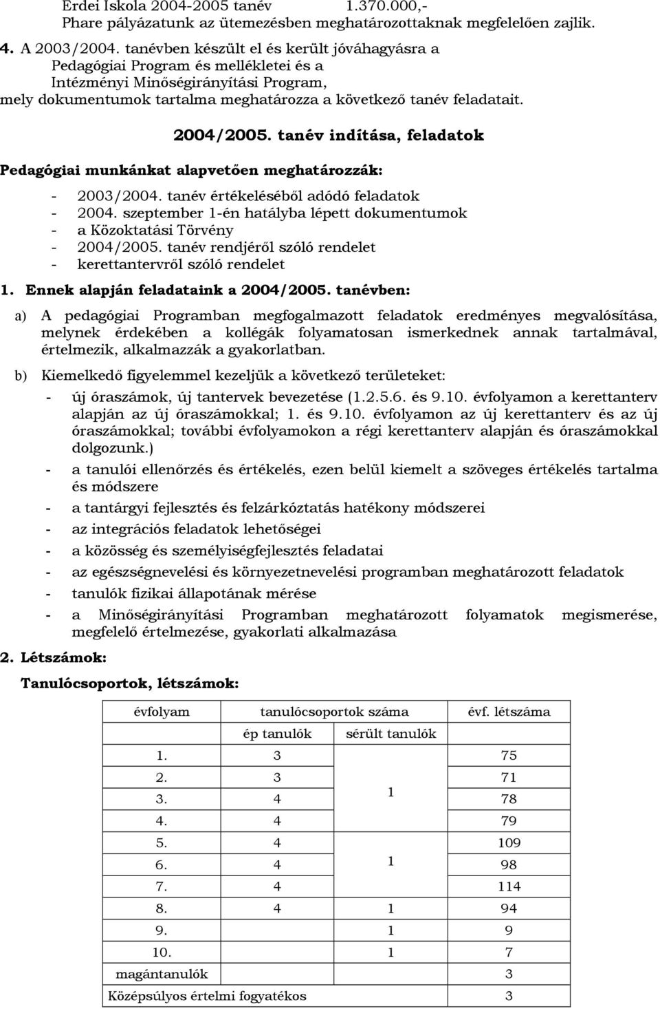 2004/2005. tanév indítása, feladatok Pedagógiai munkánkat alapvetően meghatározzák: - 2003/2004. tanév értékeléséből adódó feladatok - 2004.