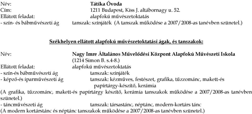 ) - szín-és bábművészeti ág tanszak: színjáték - képző-és iparművészeti ág tanszak: kézműves, festészet, grafika, tűzzománc, makett-és papírtárgy-készítő, kerámia (A