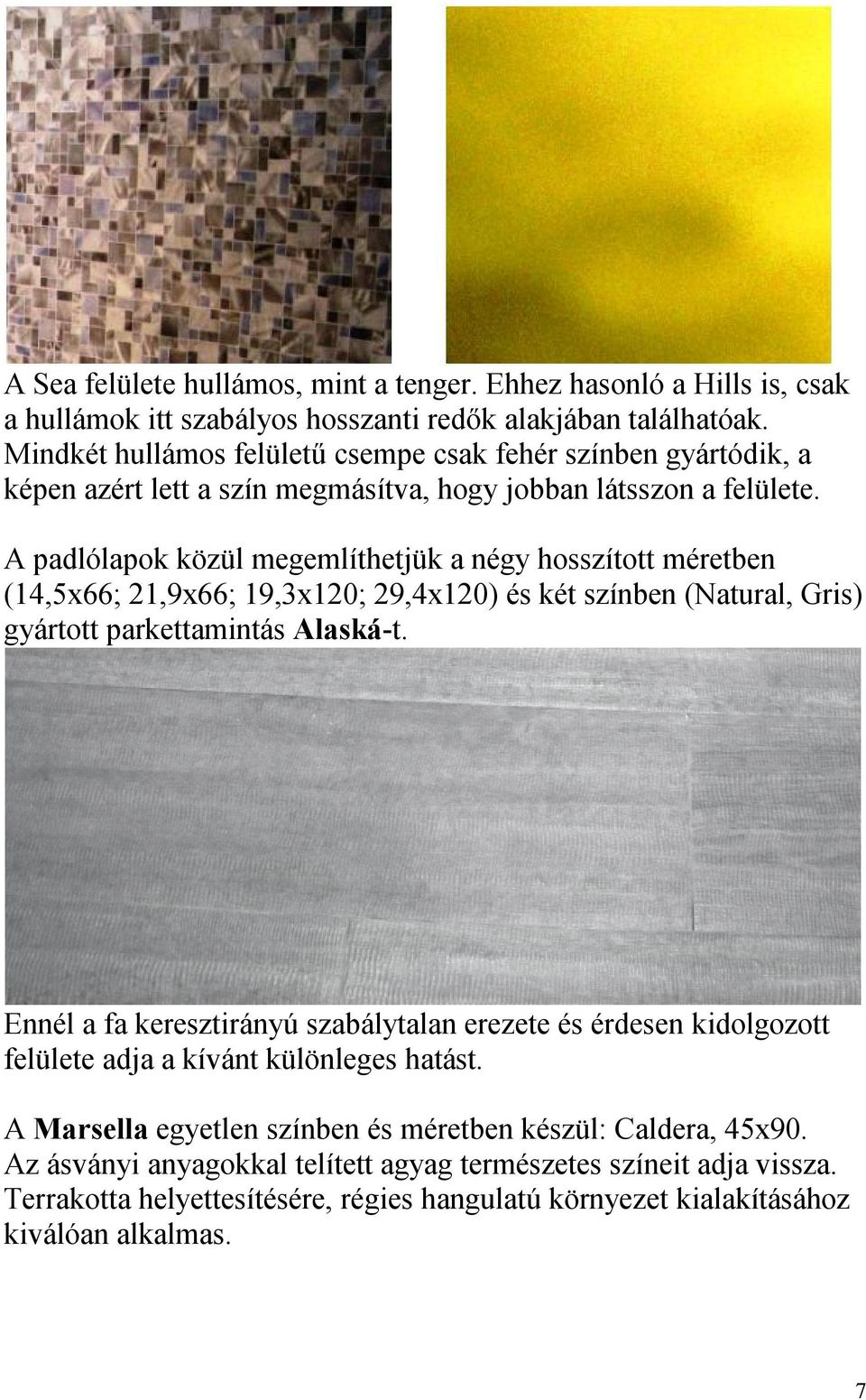 A padlólapok közül megemlíthetjük a négy hosszított méretben (14,5x66; 21,9x66; 19,3x120; 29,4x120) és két színben (Natural, Gris) gyártott parkettamintás Alaská-t.