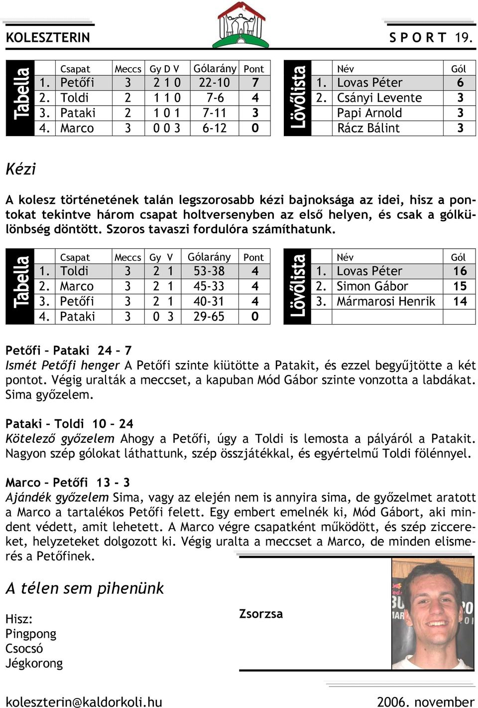 gólkülönbség döntött. Szoros tavaszi fordulóra számíthatunk. Csapat Meccs Gy V Gólarány Pont 1. Toldi 3 2 1 53-38 4 2. Marco 3 2 1 45-33 4 3. Petőfi 3 2 1 40-31 4 4. Pataki 3 0 3 29-65 0 Név Gól 1.