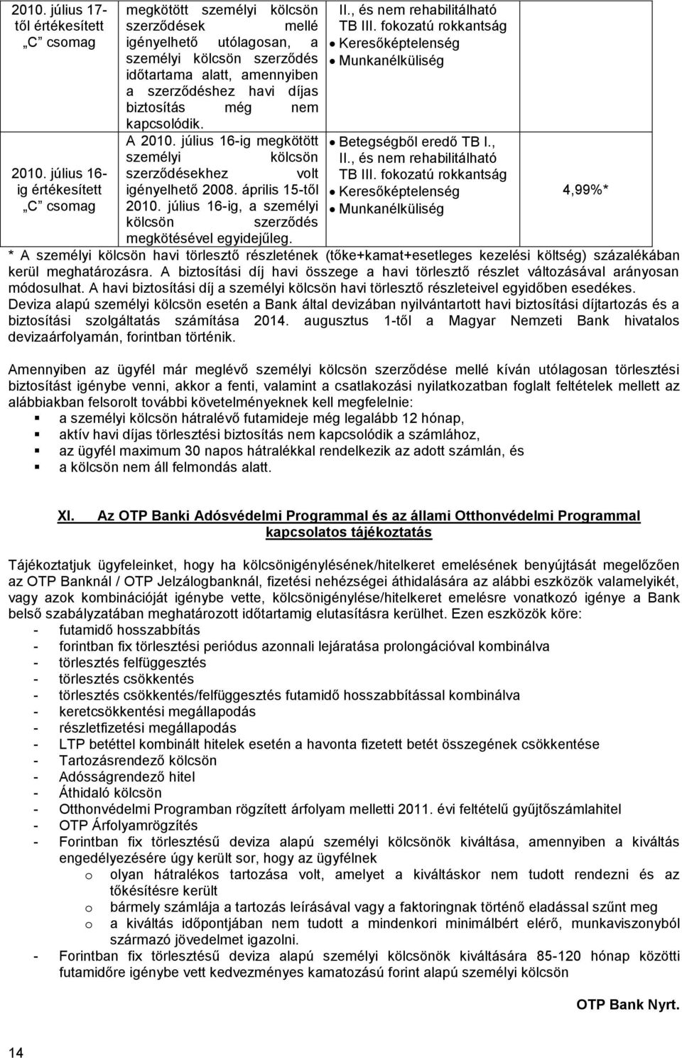 kapcsolódik. A 2010. július 16-ig megkötött Betegségből eredő TB I., személyi kölcsön II., és nem rehabilitálható 2010. július 16- szerződésekhez volt TB III.