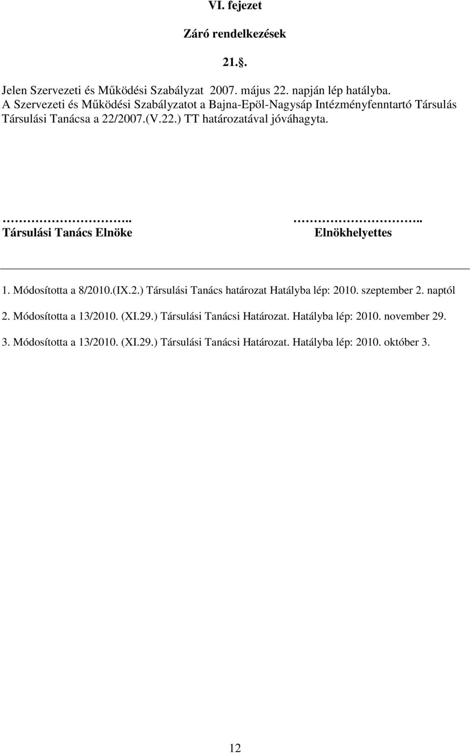 .. Társulási Tanács Elnöke.. Elnökhelyettes 1. Módosította a 8/2010.(IX.2.) Társulási Tanács határozat Hatályba lép: 2010. szeptember 2. naptól 2.