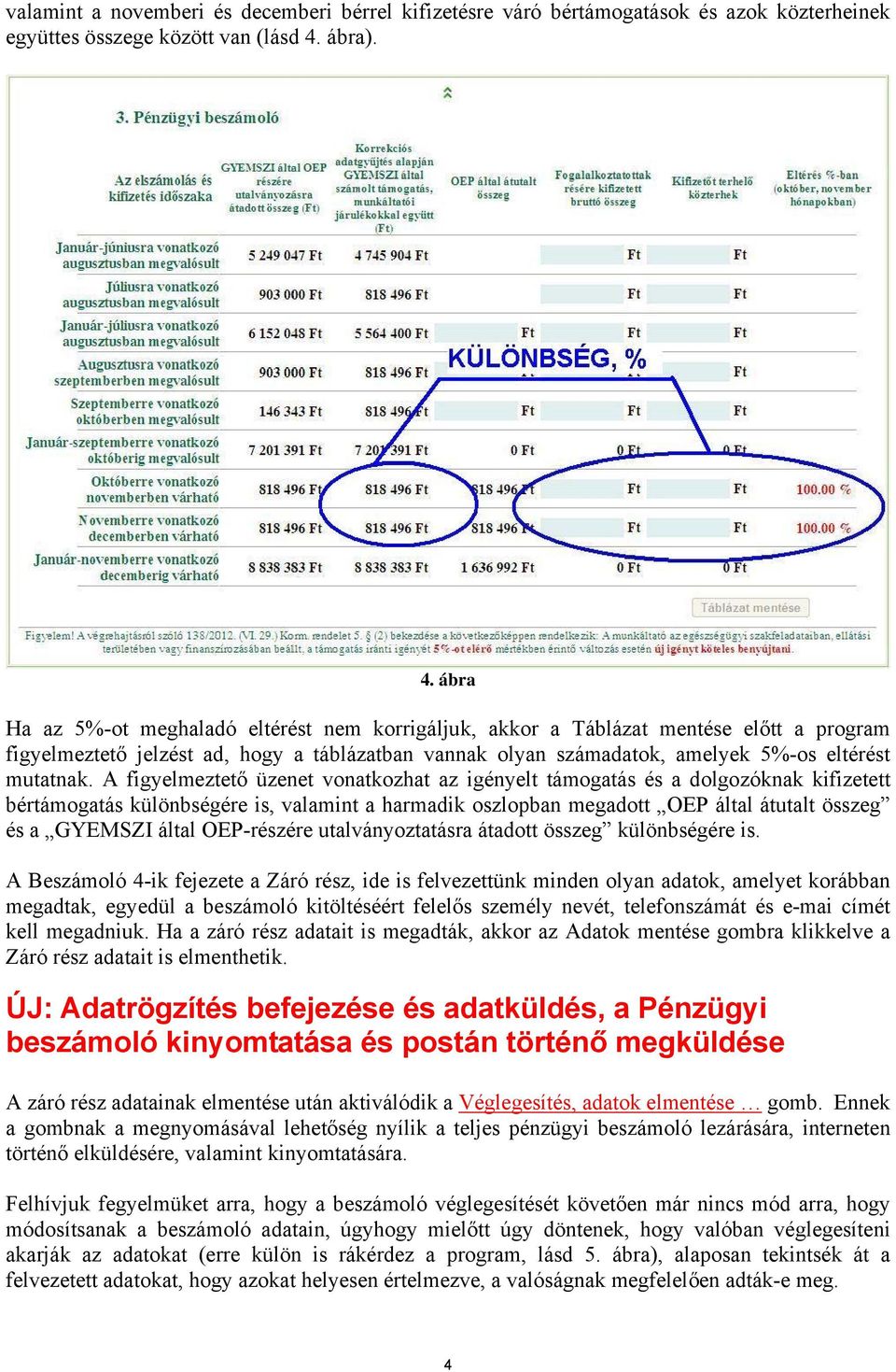ábra Ha az 5%-ot meghaladó eltérést nem korrigáljuk, akkor a Táblázat mentése előtt a program figyelmeztető jelzést ad, hogy a táblázatban vannak olyan számadatok, amelyek 5%-os eltérést mutatnak.