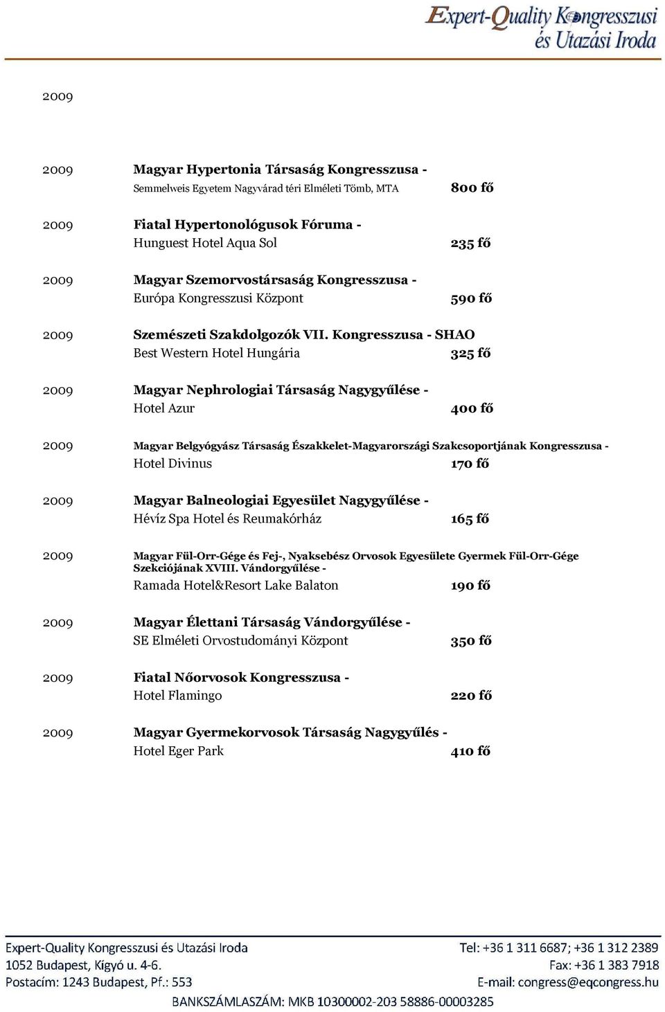 Kongresszusa - SHAO Best Western Hotel Hungária 325 fő 2009 Magyar Nephrologiai Társaság Nagygyűlése - 400 fő 2009 Magyar Belgyógyász Társaság Északkelet-Magyarországi Szakcsoportjának Kongresszusa -