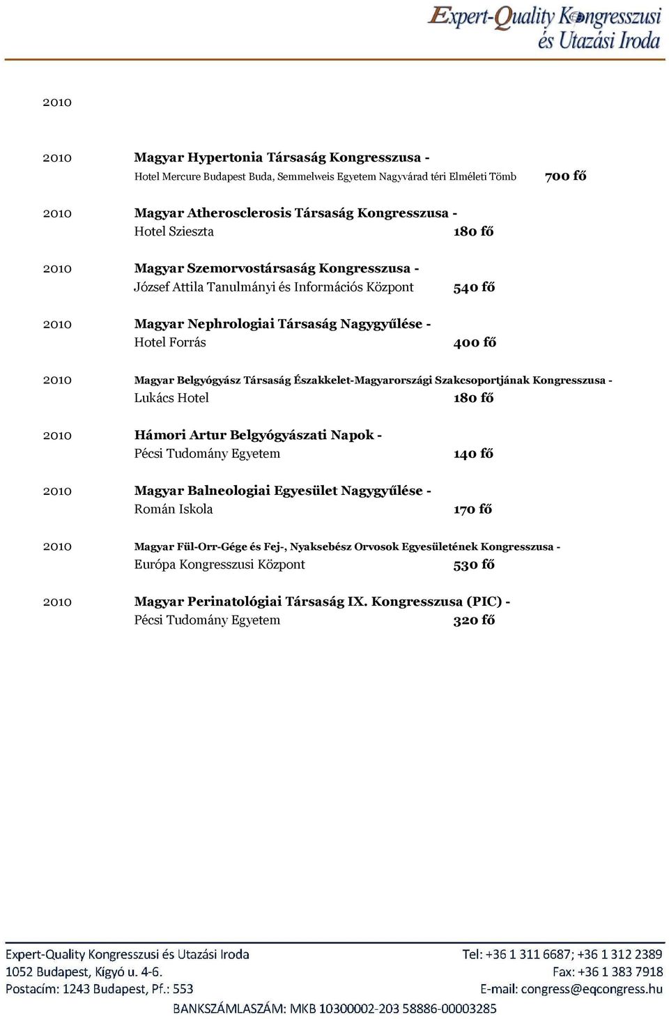 Északkelet-Magyarországi Szakcsoportjának Kongresszusa - Lukács Hotel 2010 Hámori Artur Belgyógyászati Napok - Pécsi Tudomány Egyetem 140 fő 2010 Magyar Balneologiai Egyesület Nagygyűlése - Román