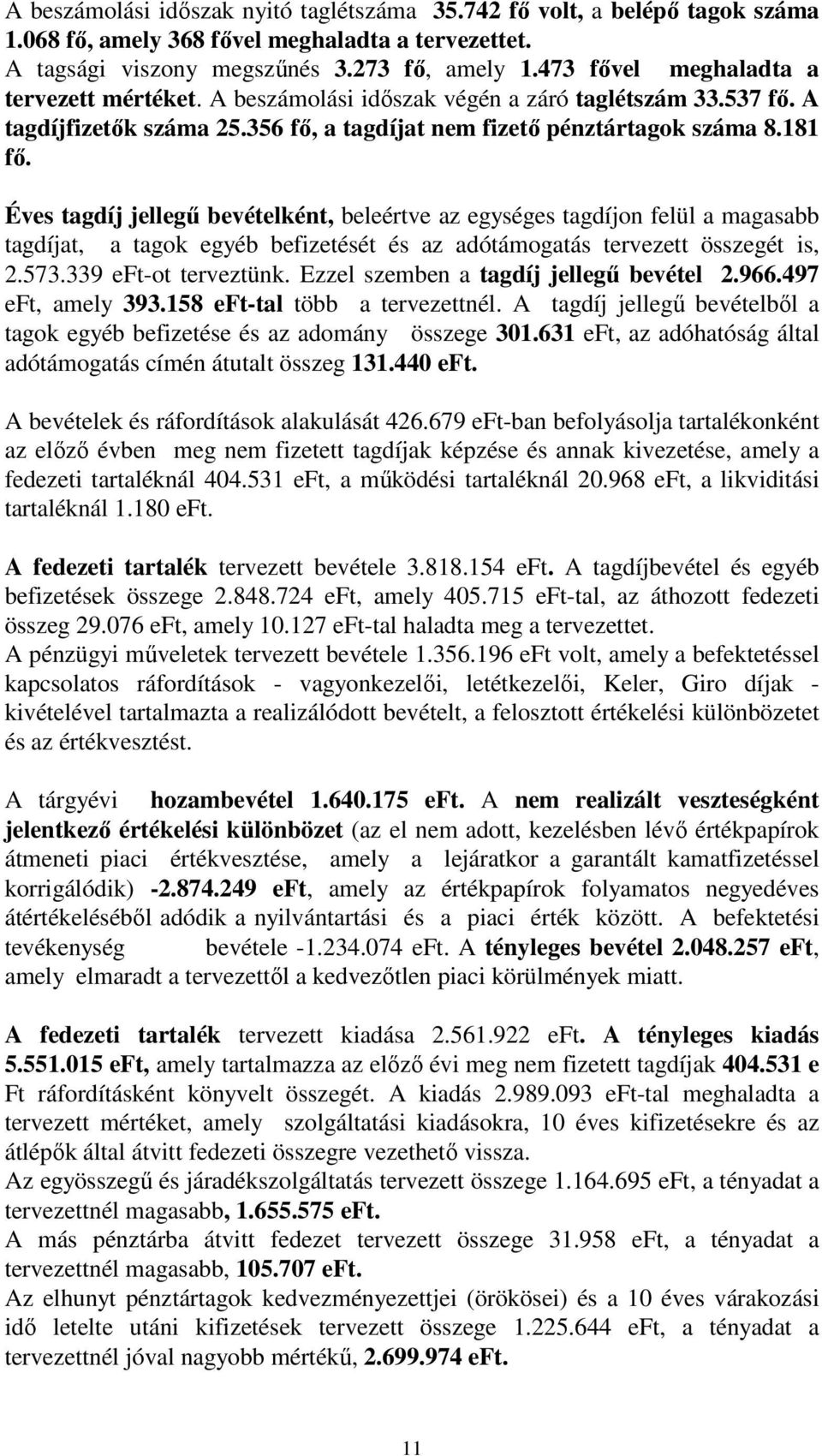 Éves tagdíj jellegű bevételként, beleértve az egységes tagdíjon felül a magasabb tagdíjat, a tagok egyéb befizetését és az adótámogatás tervezett összegét is, 2.573.339 eft-ot terveztünk.