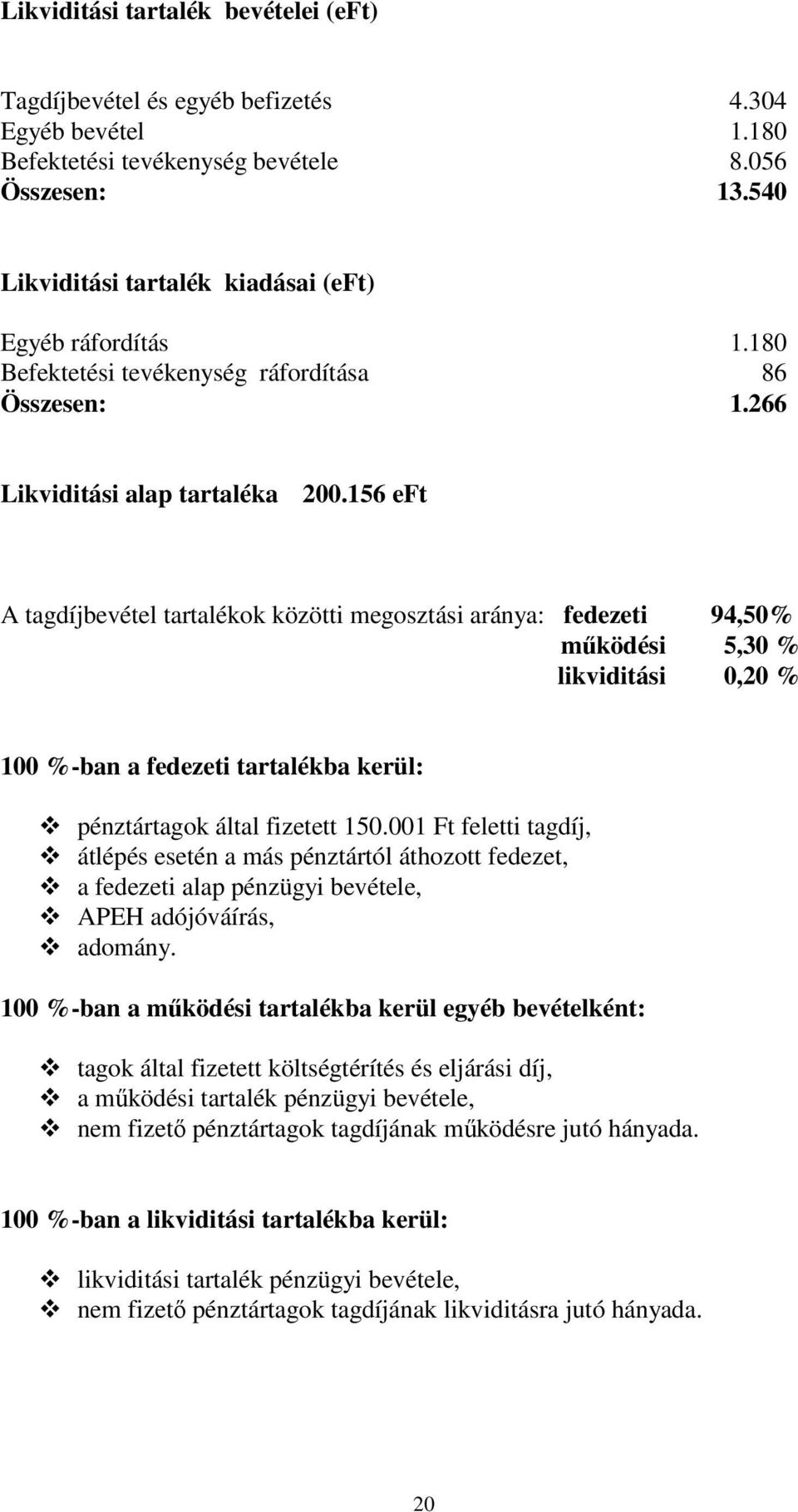 156 eft A tagdíjbevétel tartalékok közötti megosztási aránya: fedezeti 94,50% működési 5,30 % likviditási 0,20 % 100 %-ban a fedezeti tartalékba kerül: pénztártagok által fizetett 150.