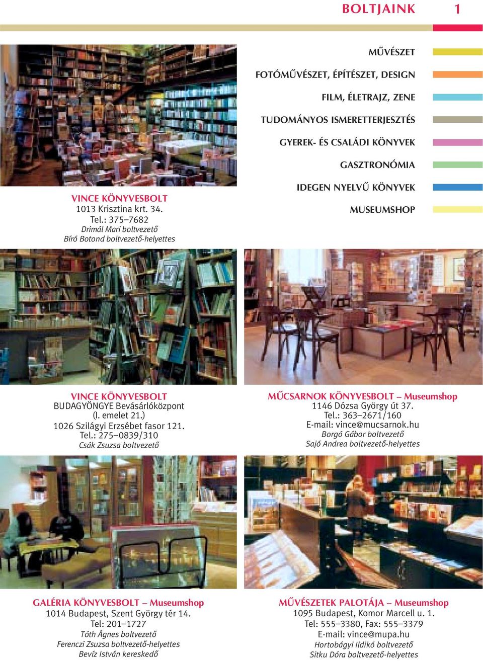 ) 1026 Szilágyi Erzsébet fasor 121. Tel.: 275 0839/310 Csák Zsuzsa boltvezetô MÛCSARNOK KÖNYVESBOLT Museumshop 1146 Dózsa György út 37. Tel.: 363 2671/160 E-mail: vince@mucsarnok.