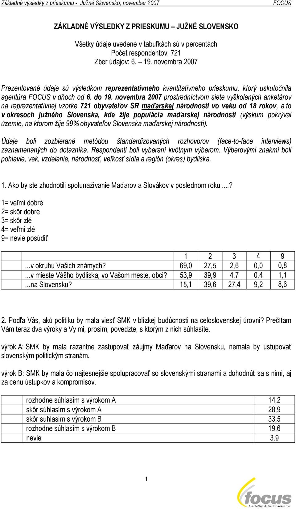 novembra 2007 prostredníctvom siete vyškolených anketárov na reprezentatívnej vzorke 721 obyvateľov SR maďarskej národnosti vo veku od 18 rokov, a to v okresoch južného Slovenska, kde žije populácia