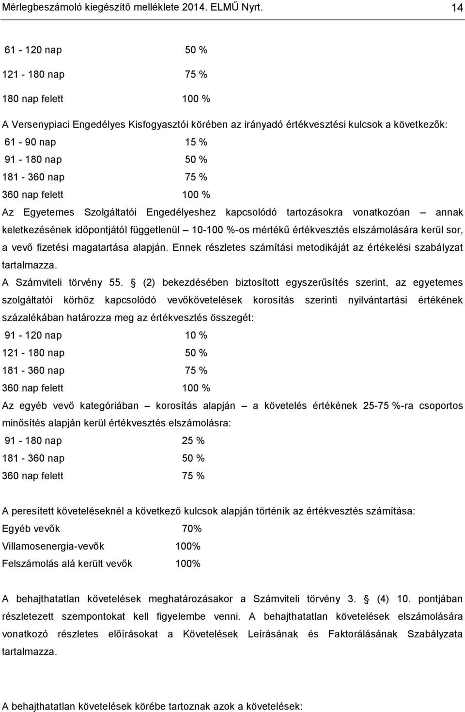 % 360 nap felett 100 % Az Egyetemes Szolgáltatói Engedélyeshez kapcsolódó tartozásokra vonatkozóan annak keletkezésének időpontjától függetlenül 10100 %os mértékű értékvesztés elszámolására kerül