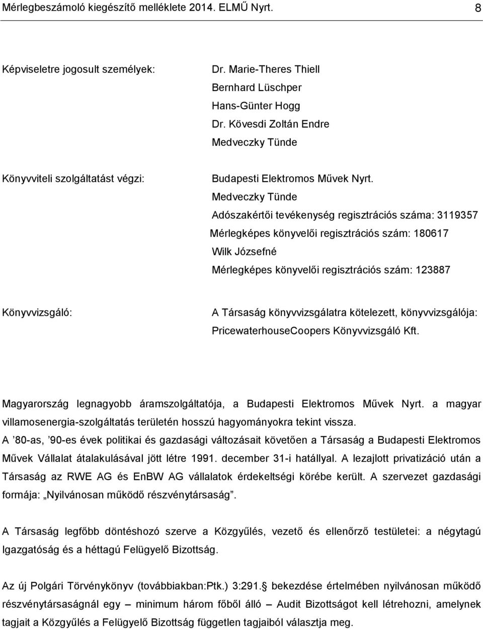 Medveczky Tünde Adószakértői tevékenység regisztrációs száma: 3119357 Mérlegképes könyvelői regisztrációs szám: 180617 Wilk Józsefné Mérlegképes könyvelői regisztrációs szám: 123887 Könyvvizsgáló: A