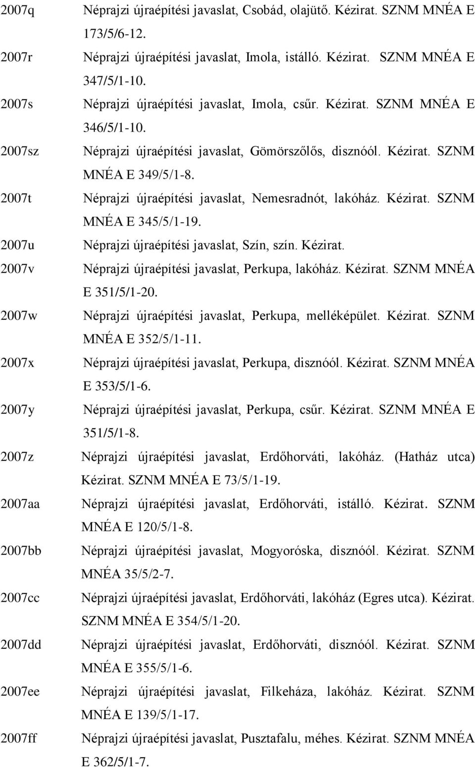 Néprajzi újraépítési javaslat, Gömörszőlős, disznóól. Kézirat. SZNM MNÉA E 349/5/1-8. Néprajzi újraépítési javaslat, Nemesradnót, lakóház. Kézirat. SZNM MNÉA E 345/5/1-19.