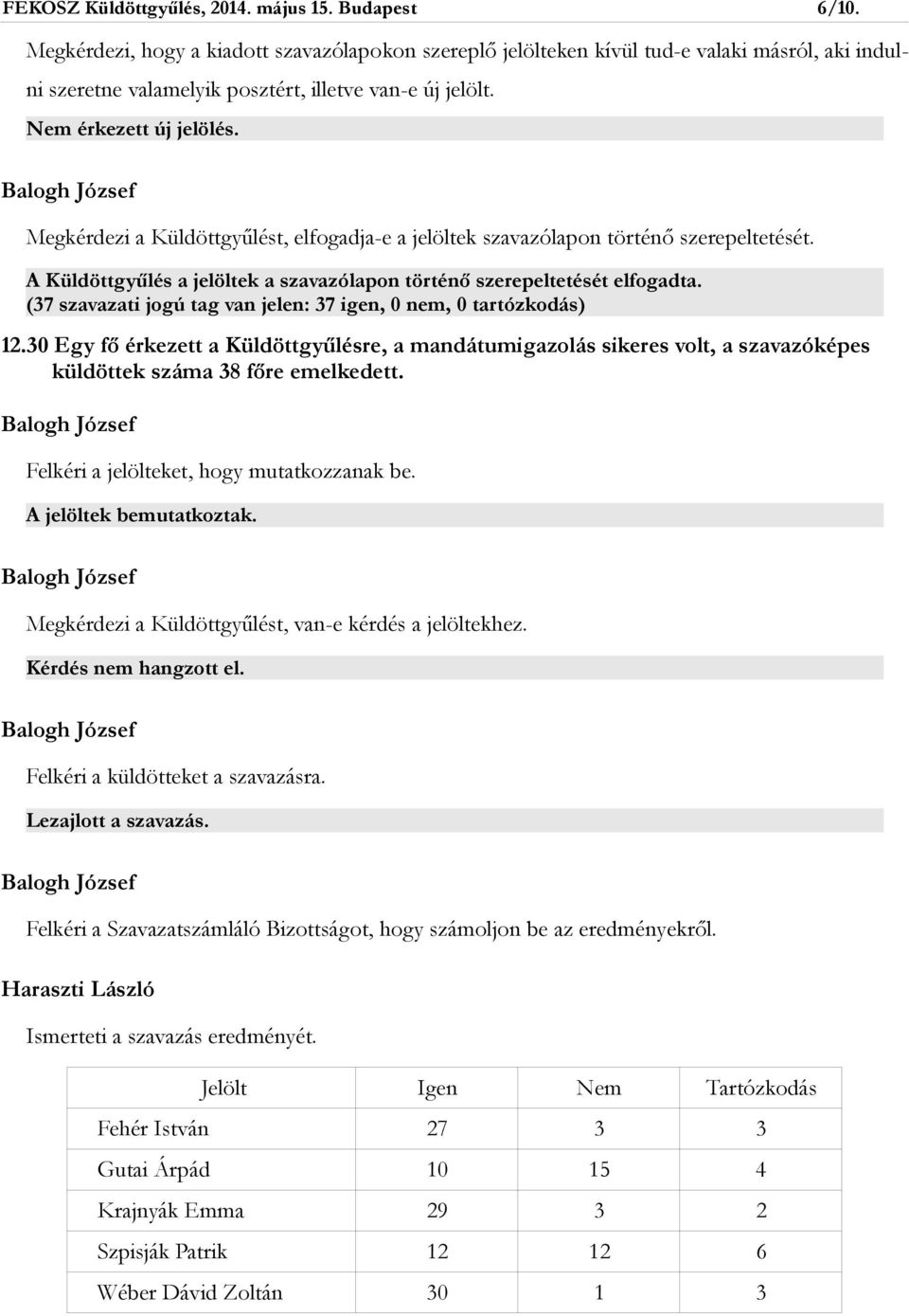 Megkérdezi a Küldöttgyűlést, elfogadja-e a jelöltek szavazólapon történő szerepeltetését. A Küldöttgyűlés a jelöltek a szavazólapon történő szerepeltetését elfogadta. 12.