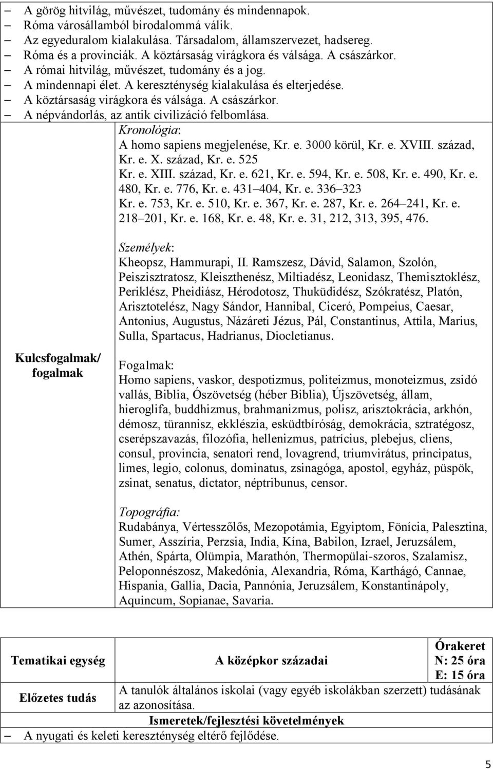 A császárkor. A népvándorlás, az antik civilizáció felbomlása. Kronológia: A homo sapiens megjelenése, Kr. e. 3000 körül, Kr. e. XVIII. század, Kr. e. X. század, Kr. e. 525 Kr. e. XIII. század, Kr. e. 621, Kr.