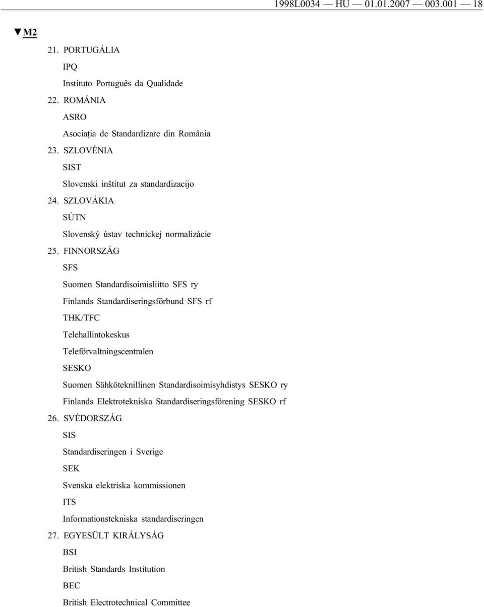 FINNORSZÁG SFS Suomen Standardisoimisliitto SFS ry Finlands Standardiseringsförbund SFS rf THK/TFC Telehallintokeskus Teleförvaltningscentralen SESKO Suomen Sähköteknillinen