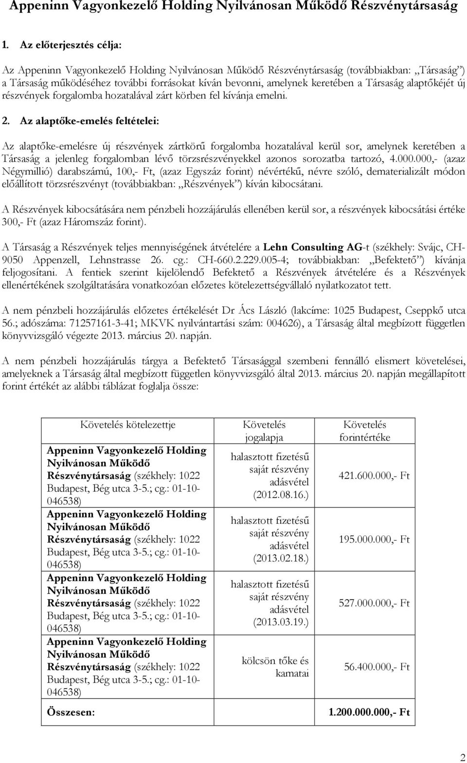 Az alaptőke-emelés feltételei: Az alaptőke-emelésre új részvények zártkörű forgalomba hozatalával kerül sor, amelynek keretében a Társaság a jelenleg forgalomban lévő törzsrészvényekkel azonos