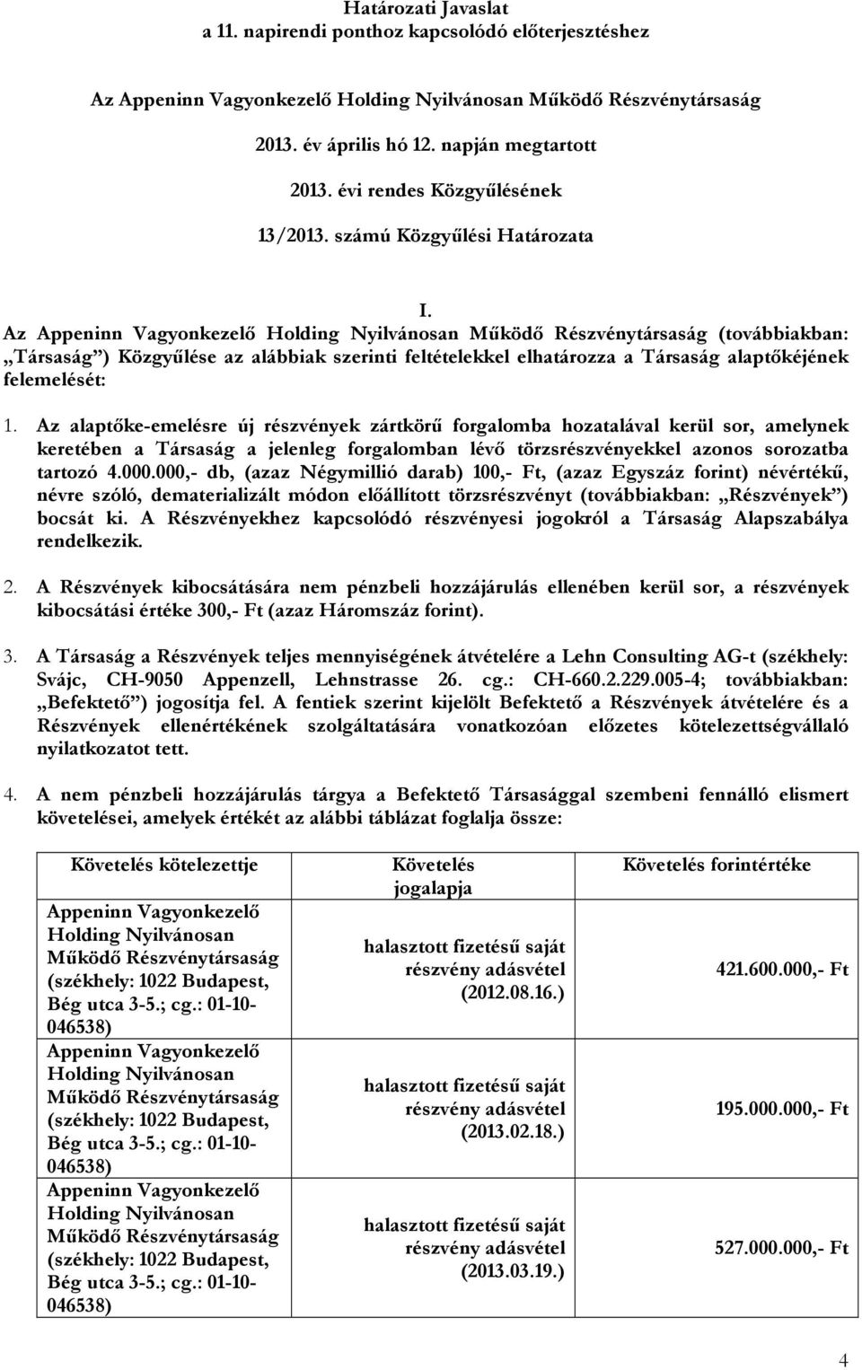 Az alaptőke-emelésre új részvények zártkörű forgalomba hozatalával kerül sor, amelynek keretében a Társaság a jelenleg forgalomban lévő törzsrészvényekkel azonos sorozatba tartozó 4.000.