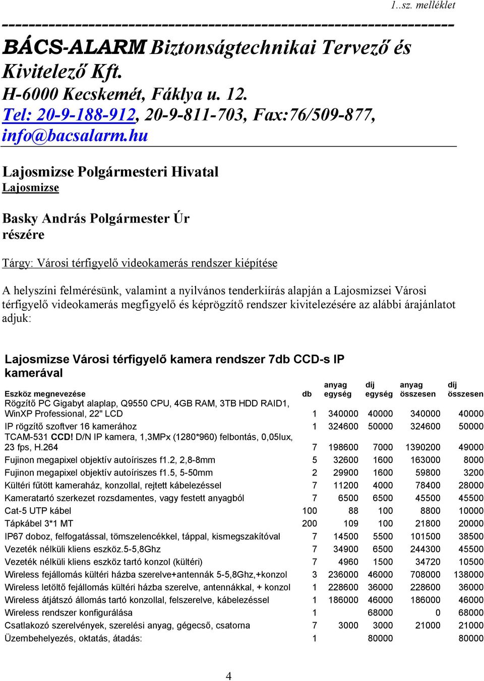 hu Lajosmizse Polgármesteri Hivatal Lajosmizse Basky András Polgármester Úr részére Tárgy: Városi térfigyelő videokamerás rendszer kiépítése A helyszíni felmérésünk, valamint a nyilvános tenderkiírás