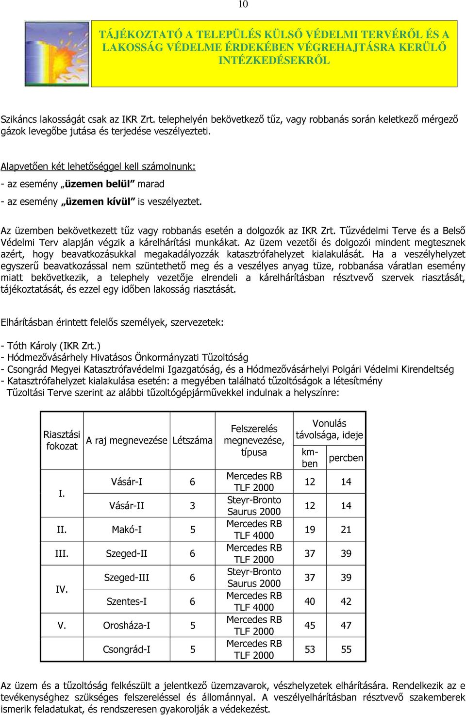 Alapvetően két lehetőséggel kell számolnunk: - az esemény üzemen belül marad - az esemény üzemen kívül is veszélyeztet. Az üzemben bekövetkezett tűz vagy robbanás esetén a dolgozók az IKR Zrt.