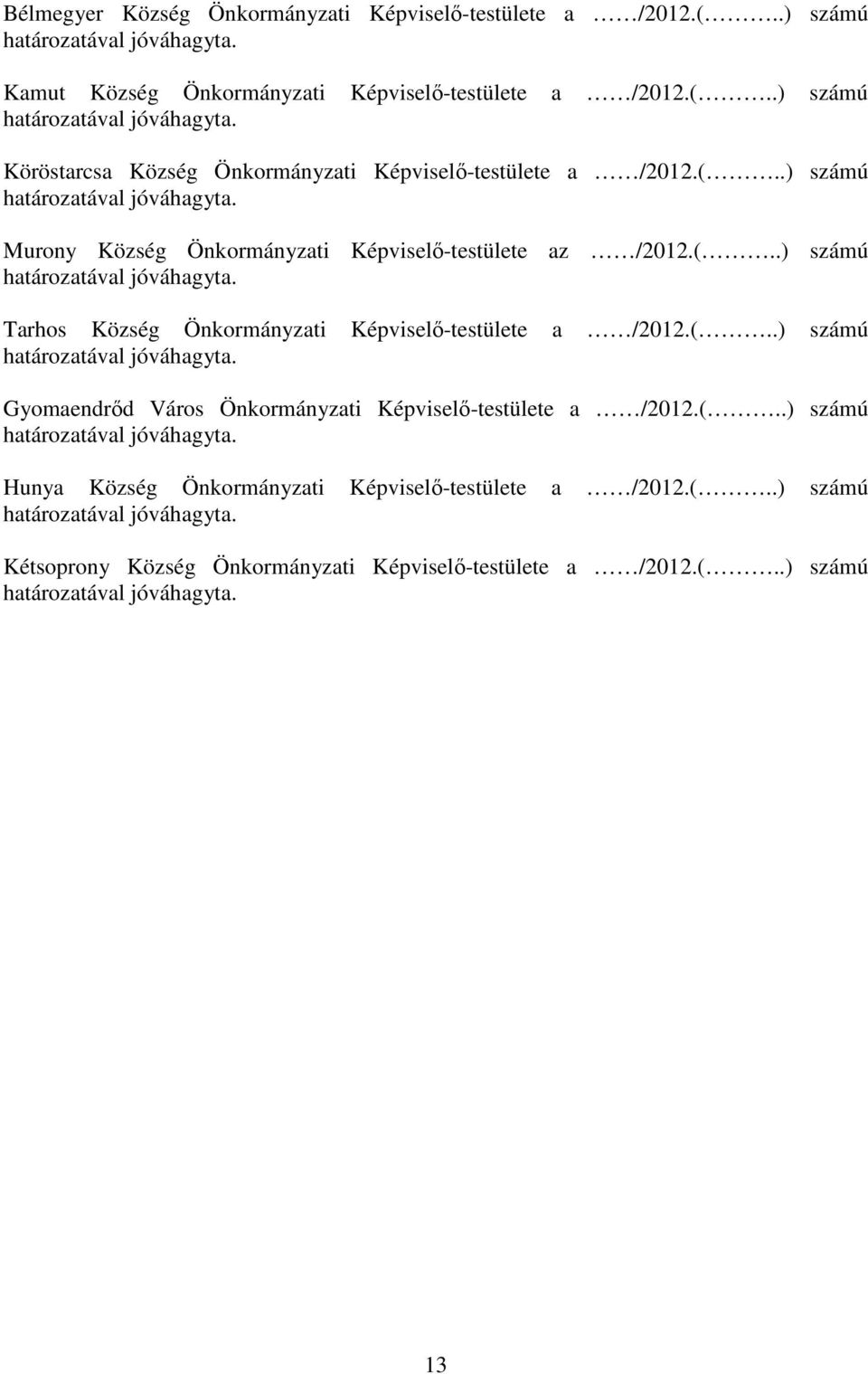 (..) számú Hunya Község Önkormányzati Képviselő-testülete a /2012.(..) számú Kétsoprony Község Önkormányzati Képviselő-testülete a /2012.(..) számú 13