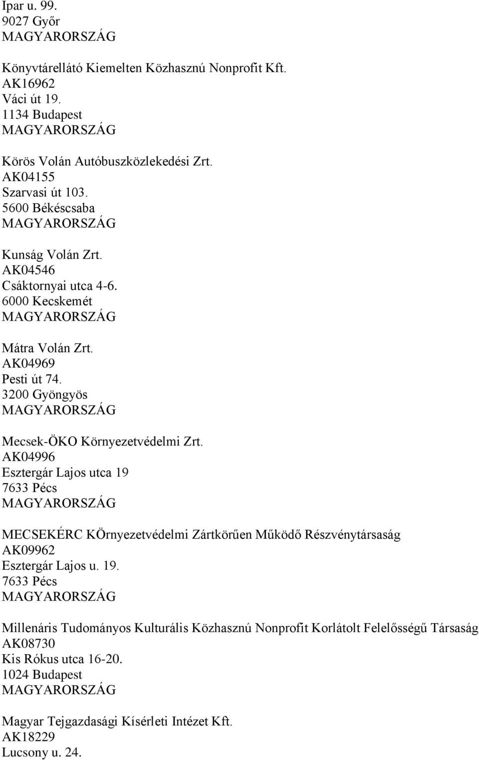 AK04996 Esztergár Lajos utca 19 7633 Pécs MECSEKÉRC KÖrnyezetvédelmi Zártkörűen Működő Részvénytársaság AK09962 Esztergár Lajos u. 19. 7633 Pécs Millenáris Tudományos Kulturális Közhasznú Nonprofit Korlátolt Felelősségű Társaság AK08730 Kis Rókus utca 16-20.