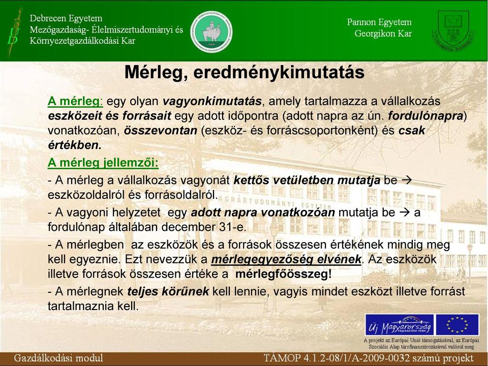 A mérleg jellemzői: - A mérleg a vállalkozás vagyonát kettős vetületben mutatja be eszközoldalról és forrásoldalról.