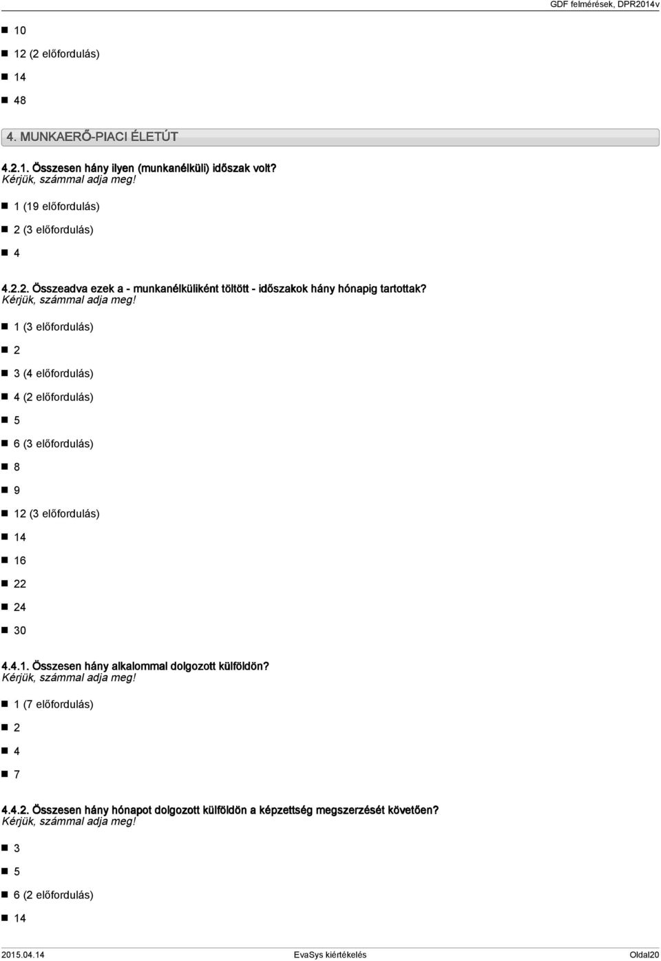 ( előfordulás) 2 (4 előfordulás) 4 (2 előfordulás) 5 6 ( előfordulás) 8 9 2 ( előfordulás) 4 6 22 24 0 4.4.. Összesen hány alkalommal dolgozott külföldön?